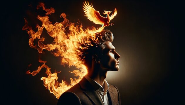 Create an image of an individual with a crown of flames.