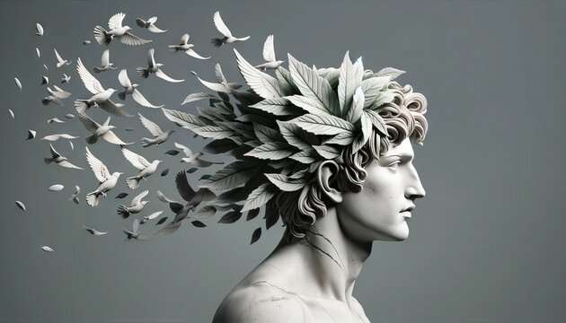 Create an image of a sculpture of a man with leaves for hair.