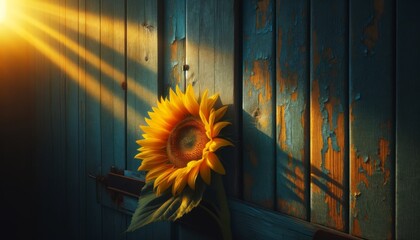 A close-up view of a single bright yellow sunflower leaning casually against a weathered blue-painted wooden barn door. - obrazy, fototapety, plakaty