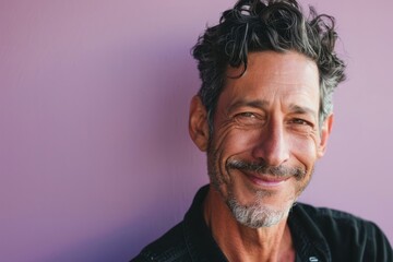 Portrait of a handsome middle-aged man smiling at the camera against a purple background - obrazy, fototapety, plakaty