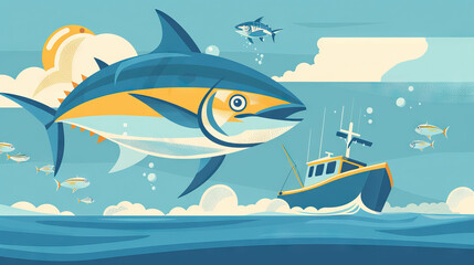 simple world tuna day background with fishing boat.