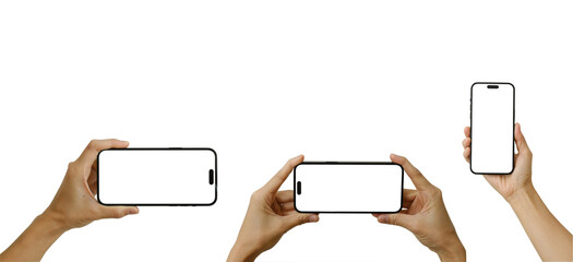 Smartphone mockup on hand with different postures isolated on a clear background including clipping...