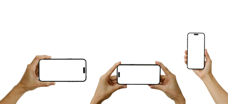 Smartphone mockup on hand with different postures isolated on a clear background including clipping path.  