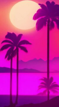 An animated retrowave style vertical video of the sun setting behind mountains with silhouetted palm trees