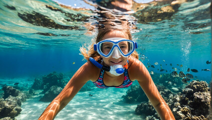 Girl snorkeling  - obrazy, fototapety, plakaty