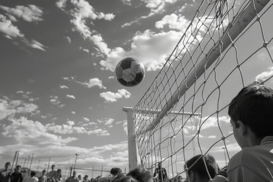 Monochrome photo of a soccer ball suspended in a goal net against a cloudy sky