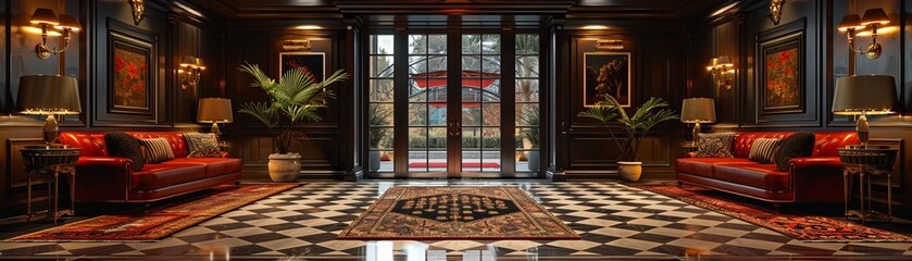 Art Deco-inspired entryway with bold geometric patterns and metallic finishessuper detailed - obrazy, fototapety, plakaty