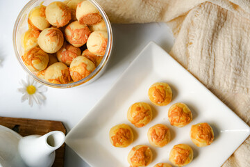Popular cookies in Malaysia and Singapore during celebration of Eid Mubarak (Hari Raya) on white background. Selective focus and blurry.