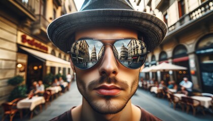 A medium shot of a person wearing a stylish fedora hat with the urban cityscape reflected in their aviator sunglasses.