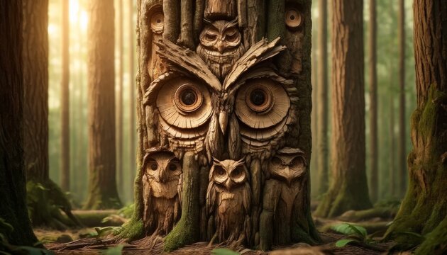 Create a detailed, focused image of a series of tree bark pieces with textures and shapes resembling the faces of forest animals like owls and foxes.