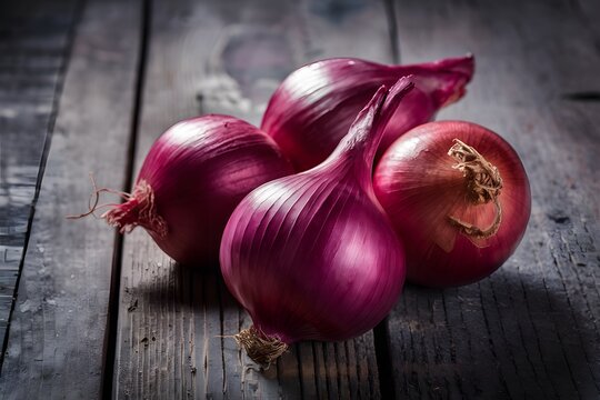 Red fresh onions on wooden table, vibrant vegetable photo
