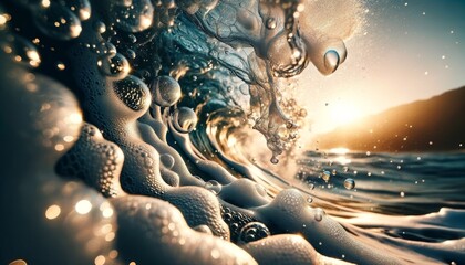 A close-up of sea foam and bubbles as a wave crashes, with the sunlight filtering through. - obrazy, fototapety, plakaty