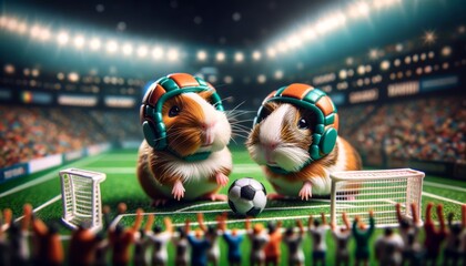 Guinea pigs wearing miniature sports helmets, set in a tiny soccer field.