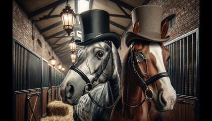 Two horses with elegant top hats and monocles, set in a Victorian-era stable. - obrazy, fototapety, plakaty