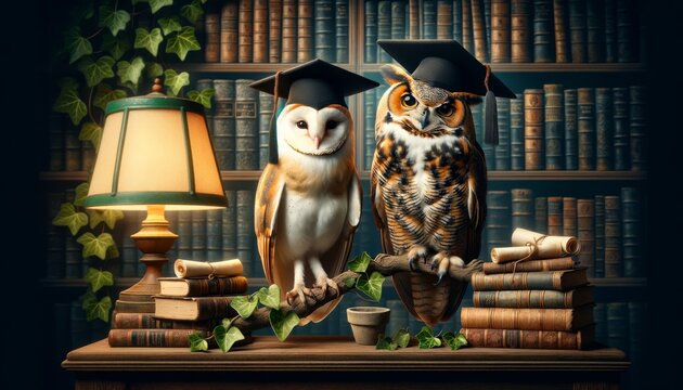 Two owls with graduation caps, sitting on a branch adorned with scholarly books.