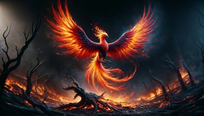 A medium shot of a mythical phoenix reborn, rising from the ashes near the remains of its previous form. - obrazy, fototapety, plakaty