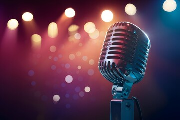 Retro audio microphone on stage, blurred lights background