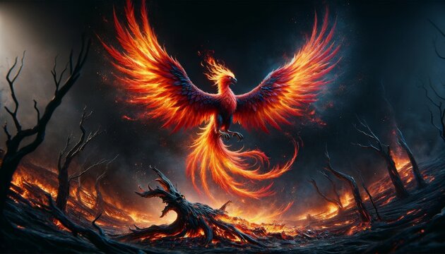 A medium shot of a mythical phoenix reborn, rising from the ashes near the remains of its previous form.