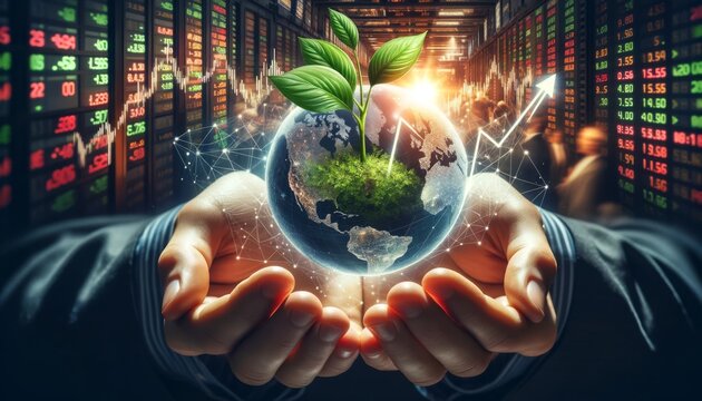 An image of hands holding a globe from which a plant with a stock market arrow growing upwards sprouts, depicting global economic prosperity.