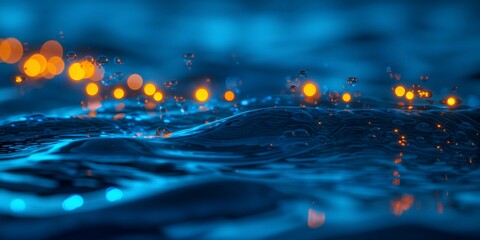 Cute orange lights splashing in dark blue water, strong bokeh effect. - obrazy, fototapety, plakaty