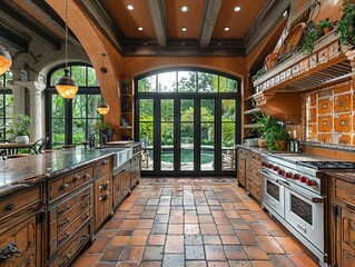Mediterranean-style kitchen with terracotta tiles and iron accentsHyperrealistic