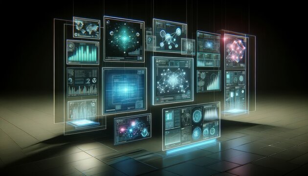 A series of holographic screens suspended in a dark room, displaying different aspects of artificial intelligence, like neural networks and code strea.