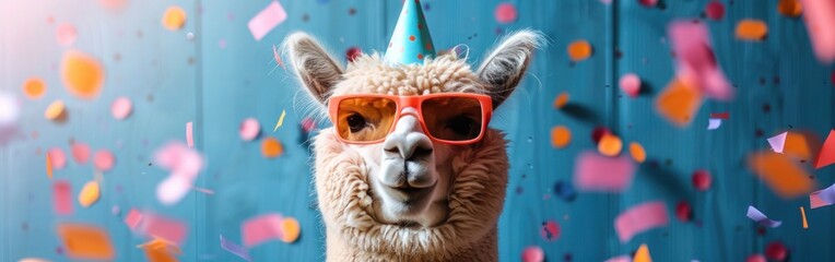 Fototapeta premium Festive Alpaca Card with Confetti, Hat & Sunglasses for Birthdays, New Year's & Celebrations