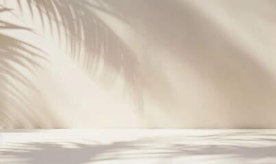 Obraz premium Blurred shadow cast by palm leaves on a light cream wall provides a minimalist yet captivating backdrop, ideal for product presentations during the summer and spring. Made with generative AI technolog