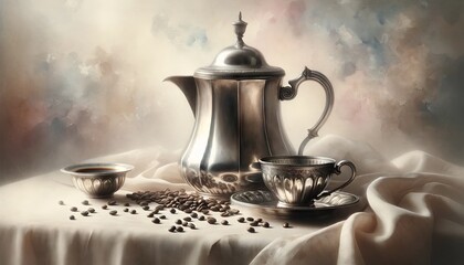 A vintage silver coffee pot with a delicate cup and saucer, a few coffee beans scattered around, on a table with a light-colored tablecloth. - obrazy, fototapety, plakaty