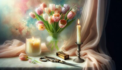 A composition featuring a vase of pastel-colored tulips, a partially burned candle, and an antique letter opener on a draped chiffon cloth. - obrazy, fototapety, plakaty