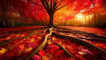 Visualize a tree in the midst of autumn, its leaves a kaleidoscope of reds, oranges, and yellows. - obrazy, fototapety, plakaty