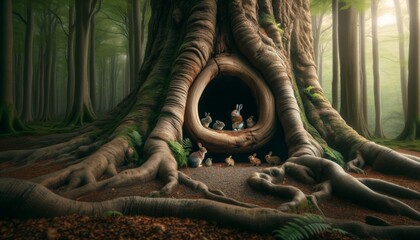 Craft an image of a large, ancient tree with a spacious hollow in its trunk, creating a cozy shelter within.