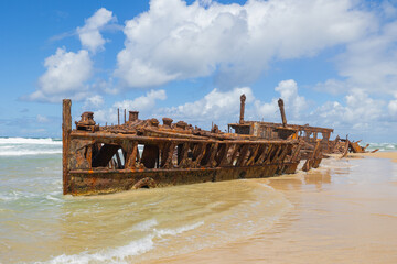 Wide view of the S.S. Maheno Shipwreck along 75 mile beach on the sand island of K’gari,...