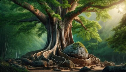 Create an image of a mighty, old tree with a thick, textured bark and expansive, leafy canopy. - obrazy, fototapety, plakaty