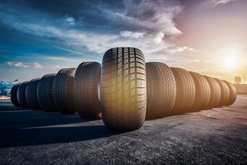 Row of tires with largest in front, automotive industry photo - obrazy, fototapety, plakaty