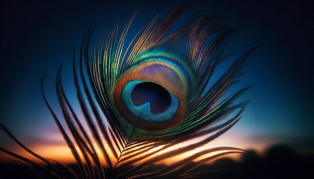 A close-up image that captures the ethereal beauty of a peacock feather against a twilight sky.