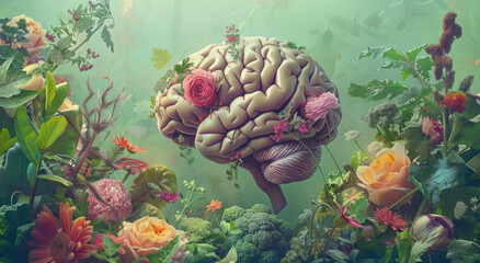 A creative depiction of the human brain with various green vegetables growing out from it, symbolizing healthy growth and mental health