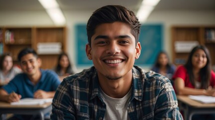 Happy latino hispanic male college student sitting classroom smiling, student study in class. Diversity unity concept - obrazy, fototapety, plakaty