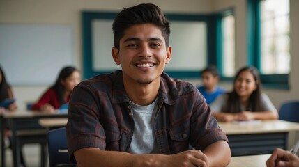 Happy latino hispanic male college student sitting classroom smiling, student study in class. Diversity unity concept