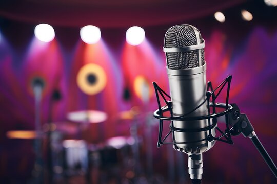 Scene Professional microphone on stage, recording studio background