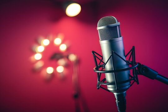 Scene Professional microphone on stage, recording studio background