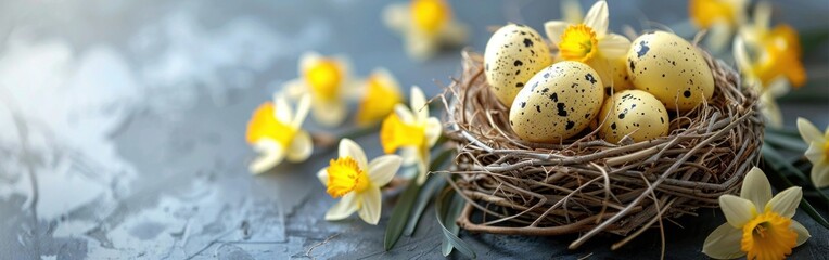 Naklejka na ściany i meble Easter Greeting Card with Bird Nest Basket, White & Yellow Eggs, and Daffodils Flowers for Holiday Celebration