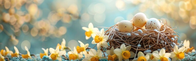 Fototapeta na wymiar Easter Nest with White and Yellow Eggs & Daffodils - Holiday Greeting Card or Celebration Banner