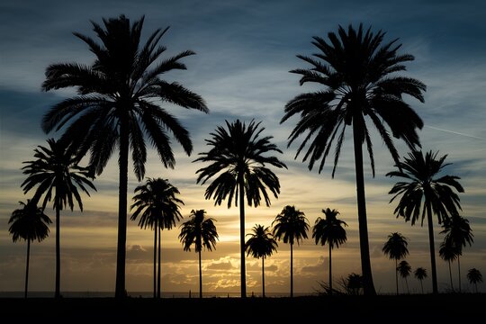 Scene Silhouette of palm trees at sunset, tropical landscape photo
