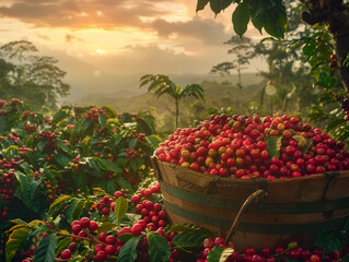 A scene in Honduras with coffee cherries being gathered into a traditional pail