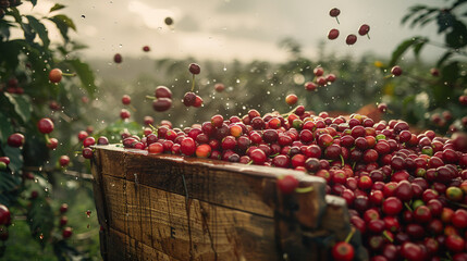 A shot capturing coffee cherries being tossed into a rustic wooden container in a Colombian farm with a moody