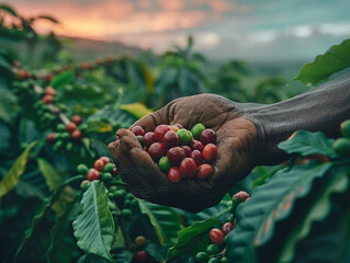 A shot featuring a hand collecting coffee cherries in a Kenyan farm the vast African landscape in the background adding a moody and dramatic effect