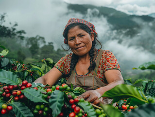 A snapshot of a Guatemalan woman with a warm smile picking coffee cherries
