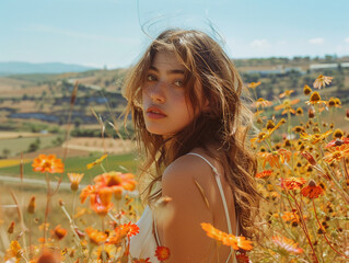 A Spanish teenager amidst the vibrant flora of Andalusia with bright and exotic flowers enhancing the Mediterranean landscape