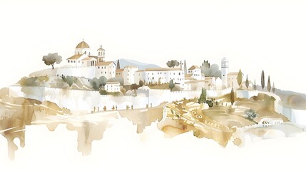 Serene Hilltop Village, Watercolor Art Perfect for Historical and Cultural Themes, Watercolor Biblical Illustration ,copy space , minimalist